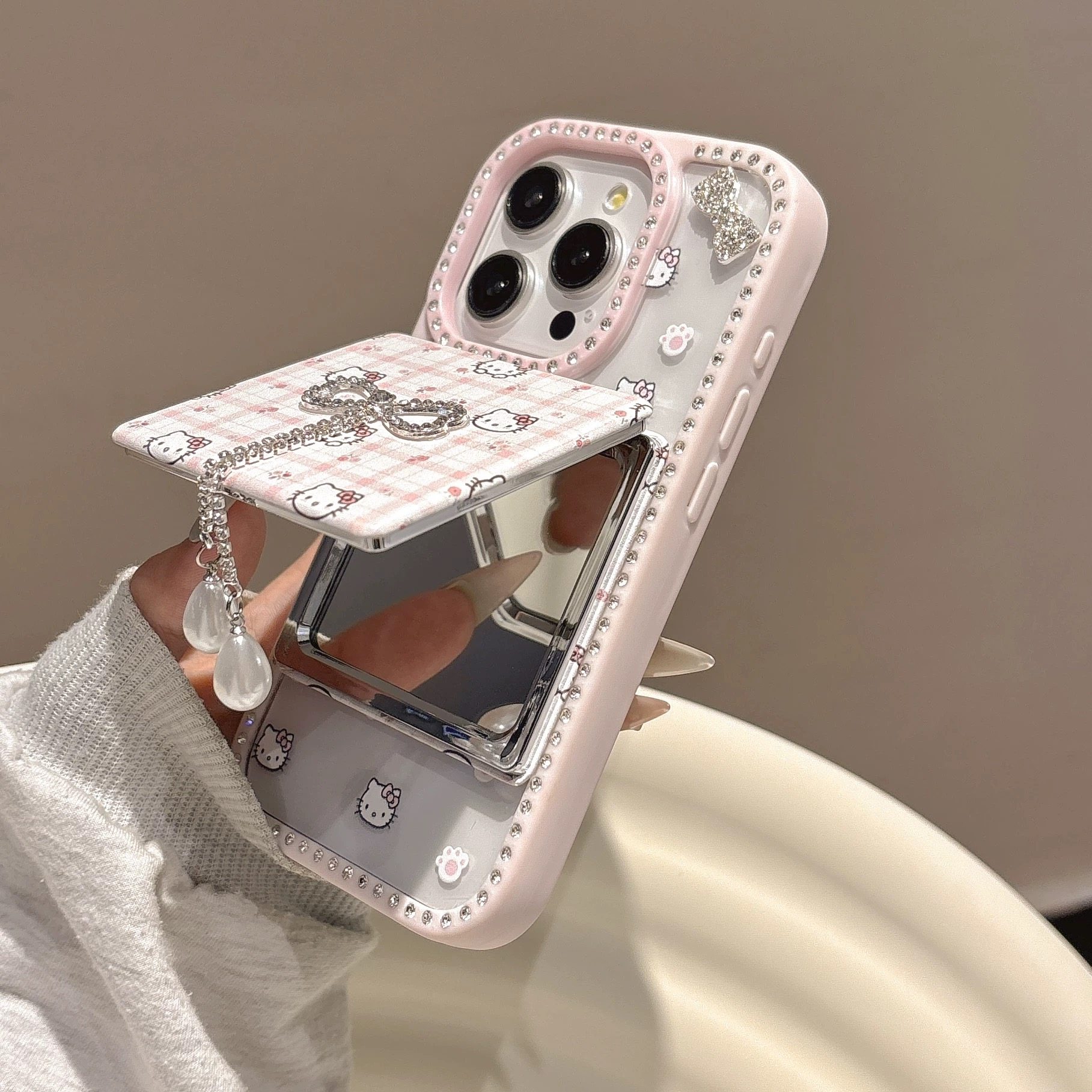 ins风可爱kt猫苹果16pro手机壳新款17ProMax女iphone15Pro高级感14爆款13补妆镜保护套12闪钻边17Air小众公主