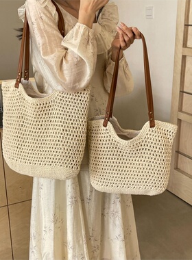 草编托特包新款简约百搭沙滩包度假风大容量手工编织包镂空通勤包
