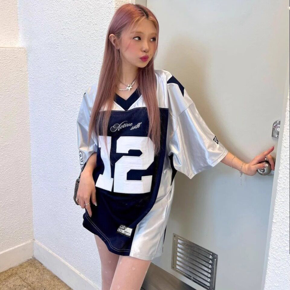 夏季新款美式设计小众足球12号球衣宽松运动短袖T恤上衣男女情侣