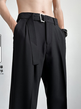 CetKy自带腰带慵懒休闲裤潮牌薄款男生垂坠感冰丝宽松直筒西裤男