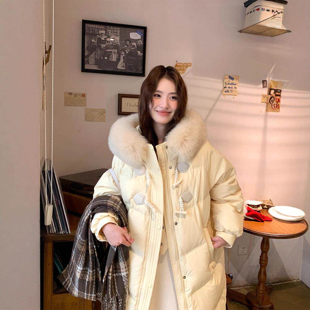 cv凸乆鸟羽绒服90女冬季2025年新款中长款牛角扣设计感小众大毛领