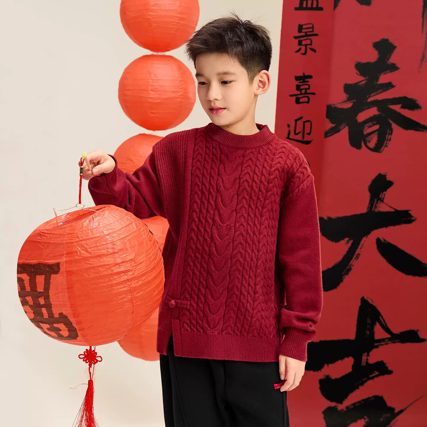 男童秋冬季韩版国风红色宽松毛衣中大童新年休闲保暖针织衫上衣