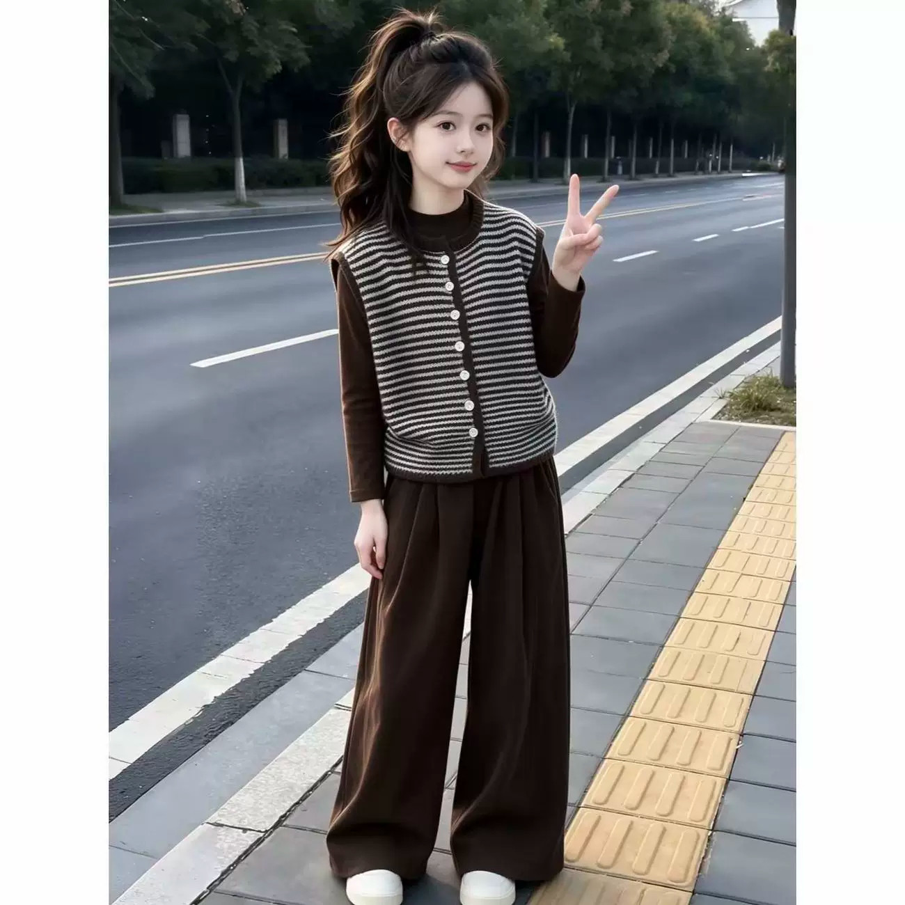 女童针织马甲套装2026新款中大童条纹儿童韩系春秋阔腿裤三件套