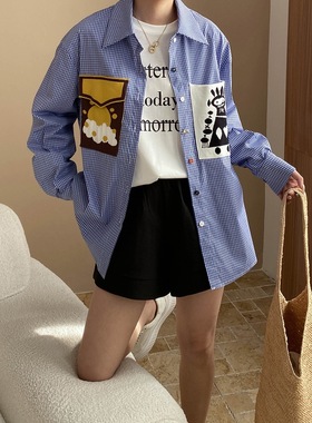 司南 早秋新款 艺术感针织贴布口袋翻领格纹宽松长袖衬衫 SN7133