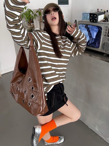 MMFISH时髦街头休闲撞色拼接条纹肌理感宽松大版长袖POLO衫25T547