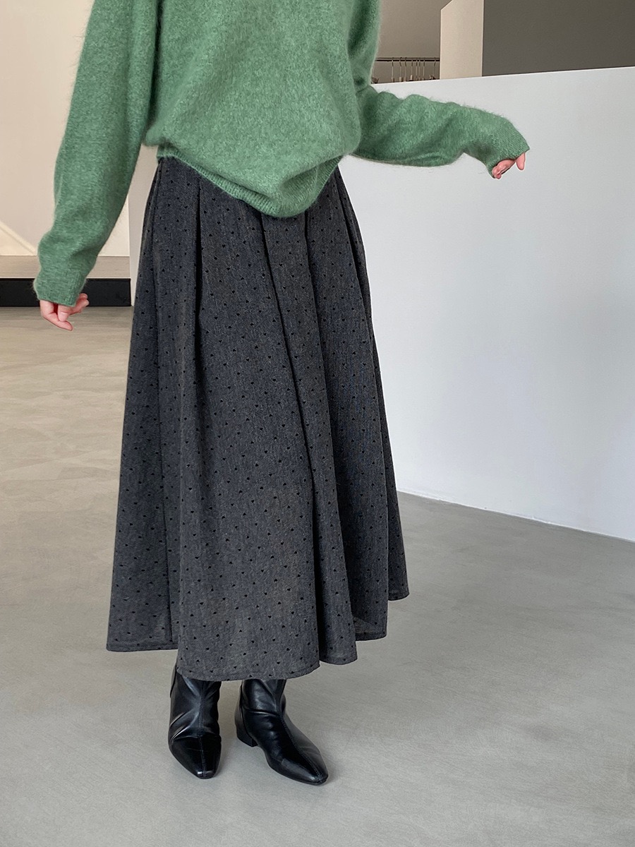 江左 韩系百搭灰色波点百褶半身裙秋高腰遮胯显瘦中长款a字裙1699