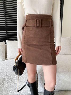 司南 早春新款 法式复古风麂皮绒高腰A字腰带通勤半身裙 SN8620