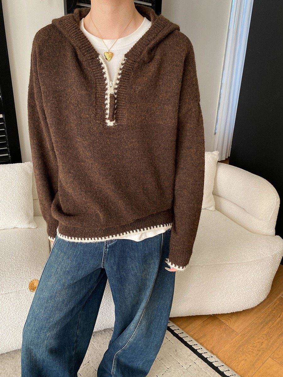 司南 老钱风穿搭 慵懒半拉链钩花撞色休闲连帽针织衫毛衣 SN8456