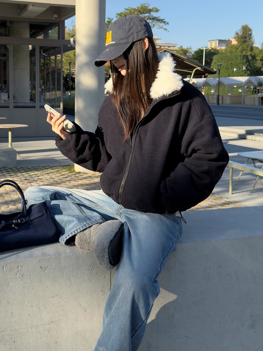 MMFISH时髦街头休闲复古撞色毛领摇粒绒抗风卫衣加厚外套25Y657