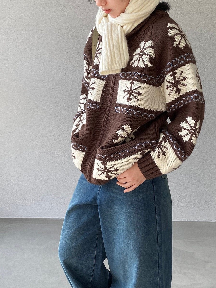 江左 复古提花费尔岛毛衣外套女秋冬2025新款慵懒高级感针织U1435