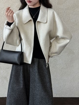 鹿西翻领双面羊毛毛呢外套女2025秋冬新款短款高级感拉链大衣5201