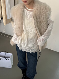 黎诺早春新款韩系水貂毛蕾丝小衫女2026法式复古时尚花边镂空上衣