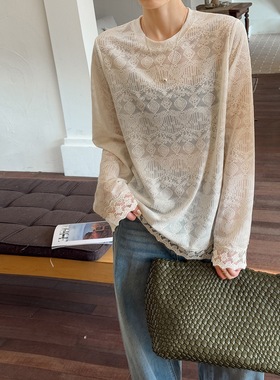 橘芷春季新款韩系圆领提花蕾丝新款针织打底衫镂空长袖上衣55136