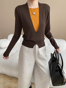 司南 叠穿层次感 时髦撞色假两件拼接V领显瘦针织衫毛衣 SN8229
