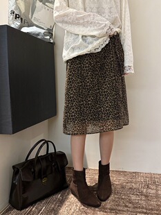 黎诺早春新款韩系文艺复古豹纹印花半身裙女2026高腰显瘦A字裙子