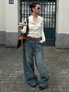 MMFISH时髦街头洗水做旧复古蓝猫须牛仔阔腿加绒宽松弯刀裤 25K667