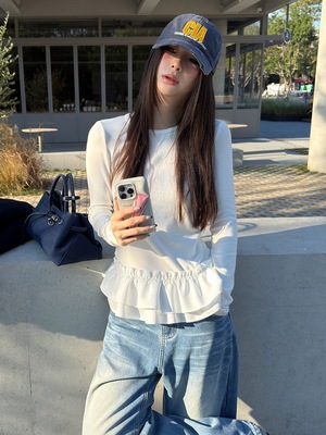 MMFISH时髦街头洋气内搭打底衫纯色下摆屁帘拼接长袖T恤25T666