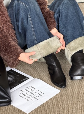 橘芷冬季新款韩系显瘦直筒牛仔裤加厚加绒保暖过冬阔腿长裤6991