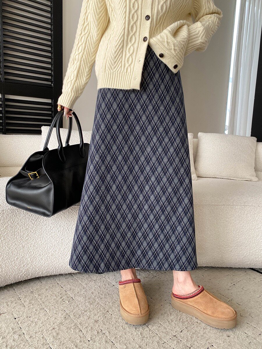 司南 法式高级感 复古英伦风格纹高腰显瘦加绒A字半身裙 SN8476