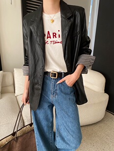 司南 法式轻熟风 撞色格纹翻边袖PU皮宽松西装皮衣外套 SN8692