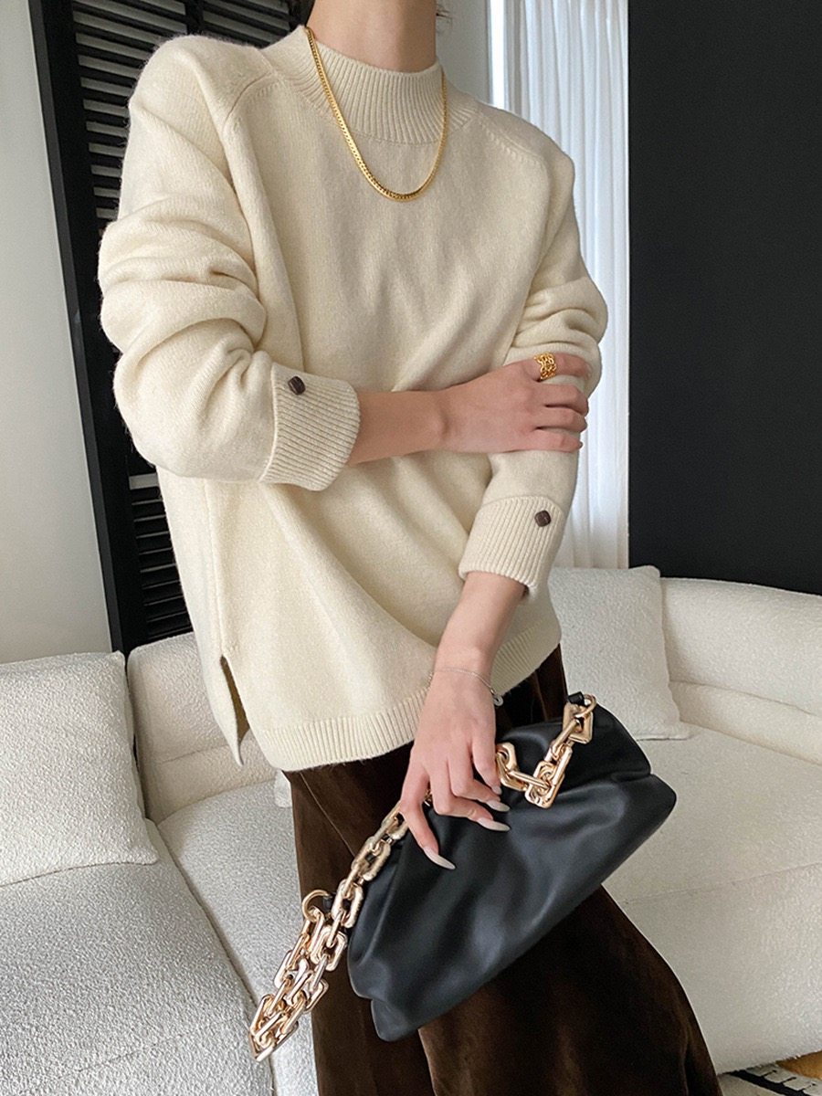 司南 初冬前奏曲 慵懒风设计感翻折袖口半高领针织衫毛衣 SN8469