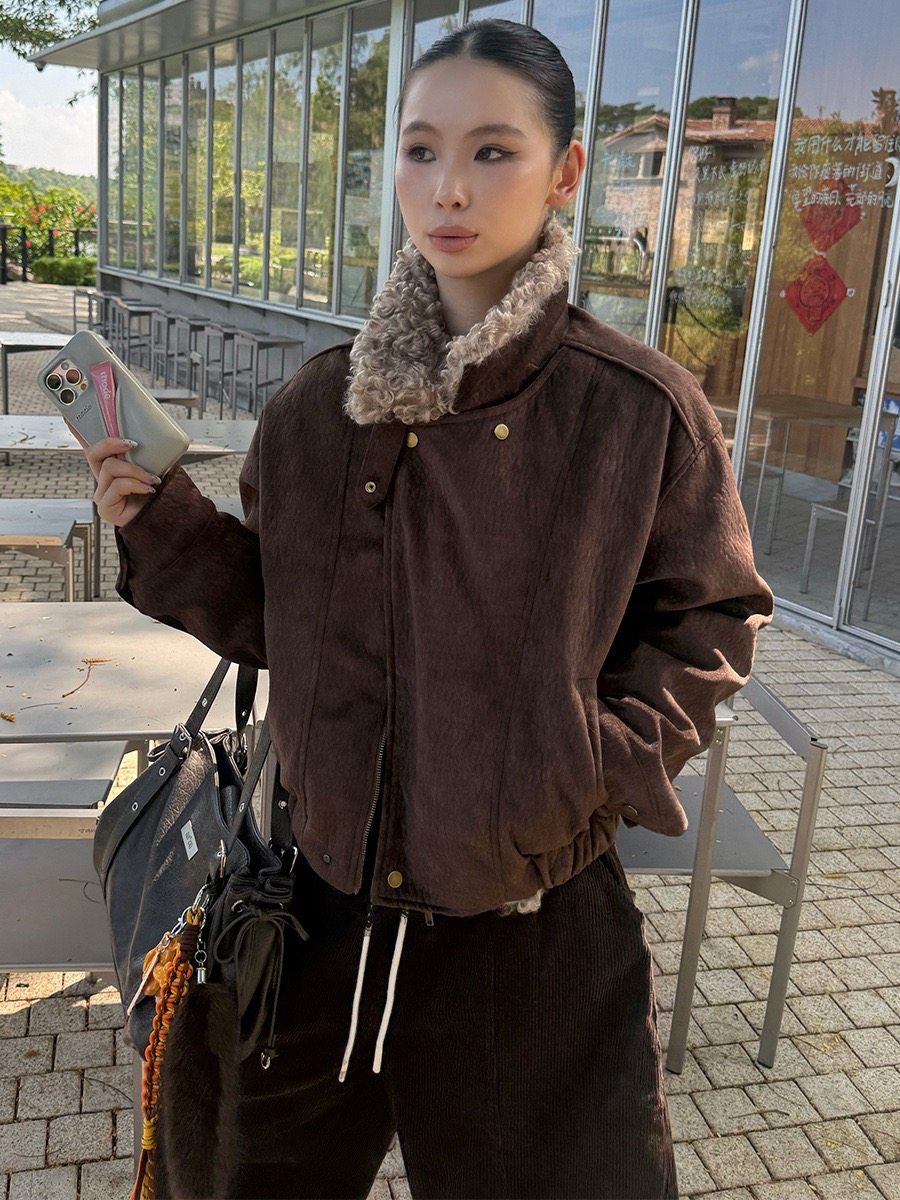 MMFISH时髦街头复古设计感美拉德夹克加厚夹棉翻领短外套25Y588