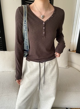 司南 早春新款 天丝羊毛混纺纽扣半门襟亨利领T恤打底衫 SN8607