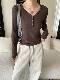 司南 早春新款 天丝羊毛混纺纽扣半门襟亨利领T恤打底衫 SN8607