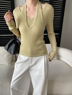司南 早春新款 小众挂脖V领假两件设计感修身显瘦针织衫 SN8662