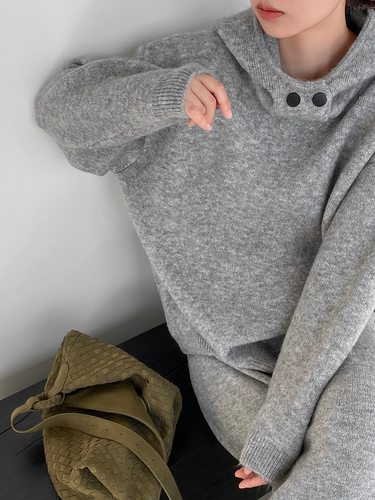 江左 连帽灰色毛衣外套2025冬宽松慵懒风软糯套头外穿针织衫 N836