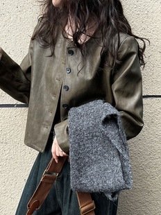 鹿西秋季 复古做旧港风圆领PU皮衣外套女咖绿色单排扣夹克上衣7060