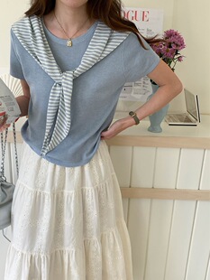 3th Morning 早春新款 韩系条纹披肩针织衫短袖两件套ZY3929