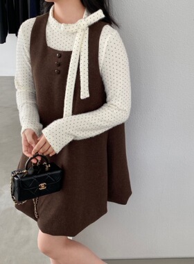 江左 减龄棕色复古无袖花苞连衣裙女25秋冬叠穿波点绑带套装25792