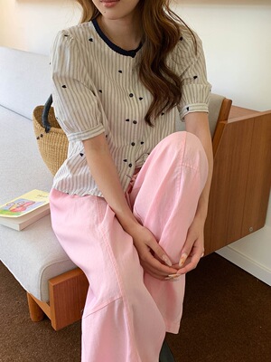 3th Morning 博主私服 爱心刺绣撞色圆领条纹短袖衬衫ZY4211