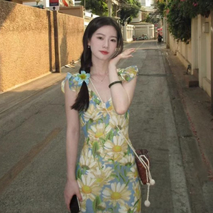 海边度假沙滩长裙 茶歇法式 油画碎花吊带连衣裙子女装 春季 2025新款