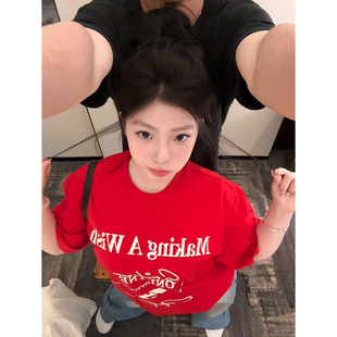 设计感小众纯棉宽松上衣 美式 标语印花红色短袖 t恤女2024新款 夏季