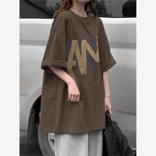 美式 hiphop设计感咖色显瘦ins潮情侣上衣 复古短袖 t恤女夏2023新款