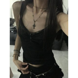 美式黑色蕾丝花边吊带背心女夏季2024新款内搭打底辣妹风无袖上衣