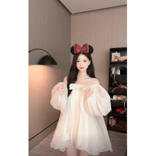 公主风一字肩连衣裙女夏日绝美网纱小裙子超仙宽松显瘦娃娃裙 法式