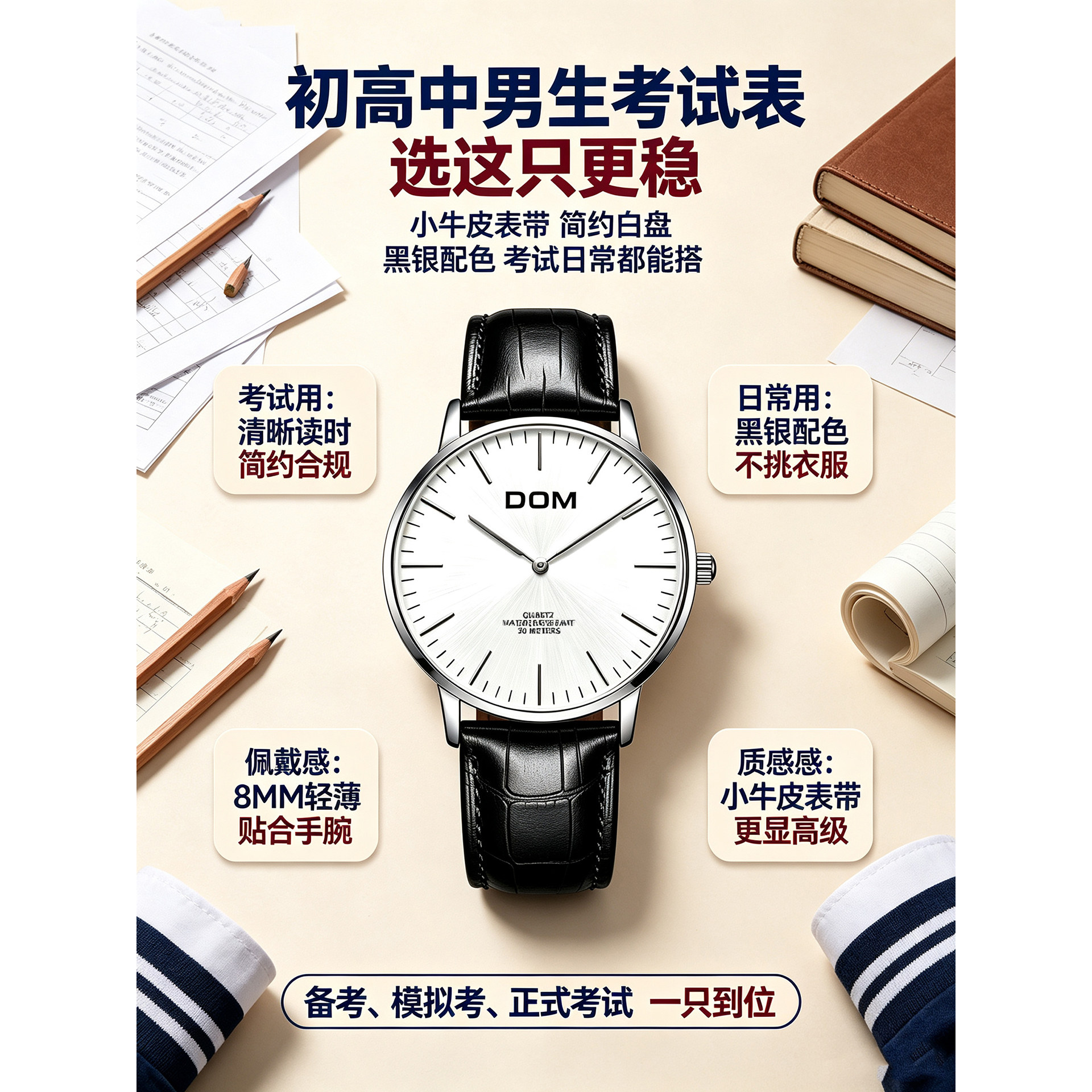 DOM考试专用静音石英腕表