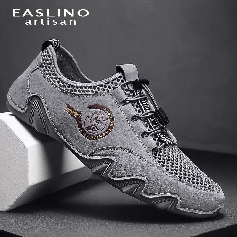 EASLINO 一脚蹬真皮夏季休闲网鞋男运动百搭透气镂空豆豆鞋凉鞋潮