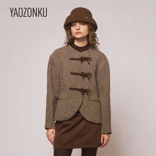 YAOZONKU姚宗谷设计师款26秋冬蝴蝶结盘扣复古花呢西装外套