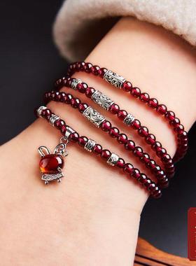 新型手串收藏级酒红石榴石手链女纯天然女士礼物招财貔貅本命年转