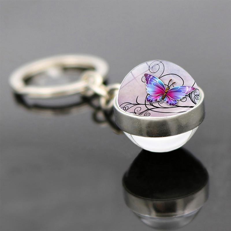 新款动物彩色蝴蝶吊坠钥匙扣挂件时光宝石双面玻璃球蝴蝶钥匙链饰