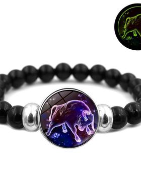 新款夜光十二星座手链男女学生情侣发光手环黑色串珠手链手饰品批