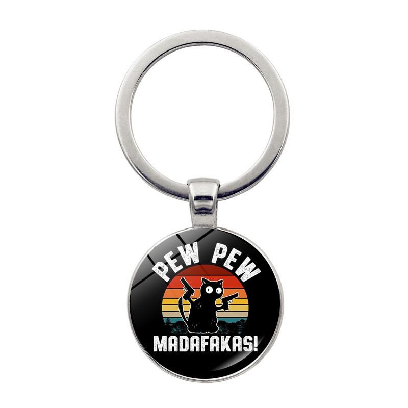 新款PEW PEW MADAFAKAS车钥匙扣挂件双枪黑猫吊坠跨境热卖配饰品