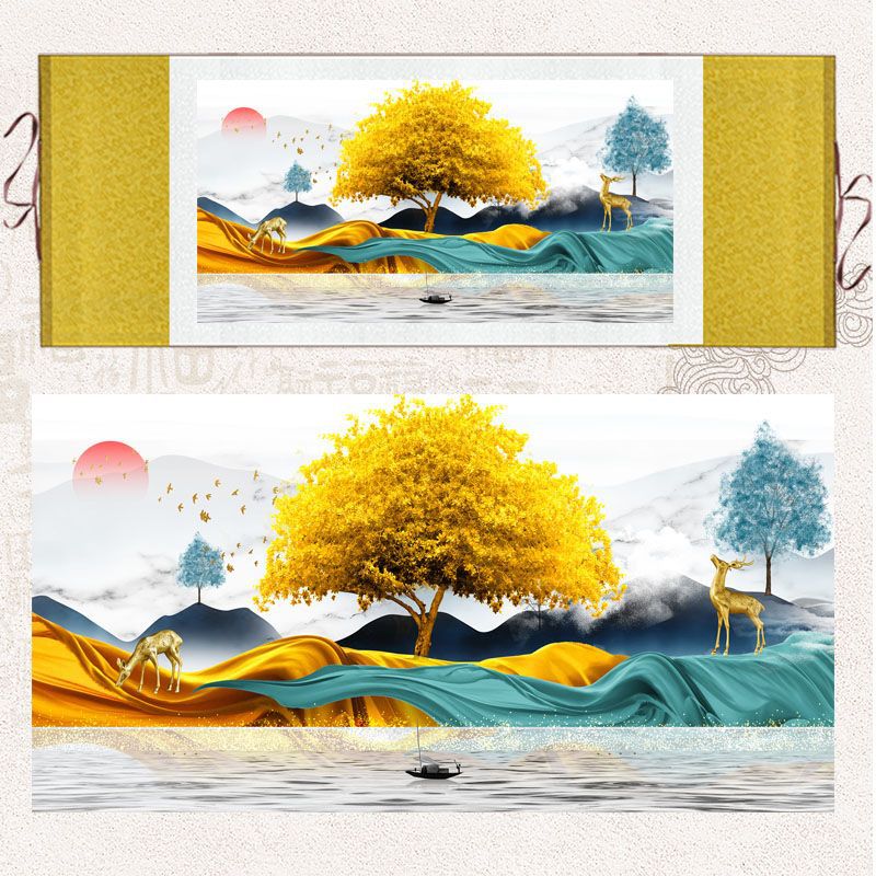 新款客厅发财鹿丝绸装饰画卧室办公室挂画新中式招财树沙发背景墙图片
