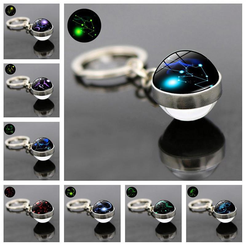 新款夜光十二星座钥匙扣挂件时光宝石双面玻璃球吊坠钥匙链配饰小
