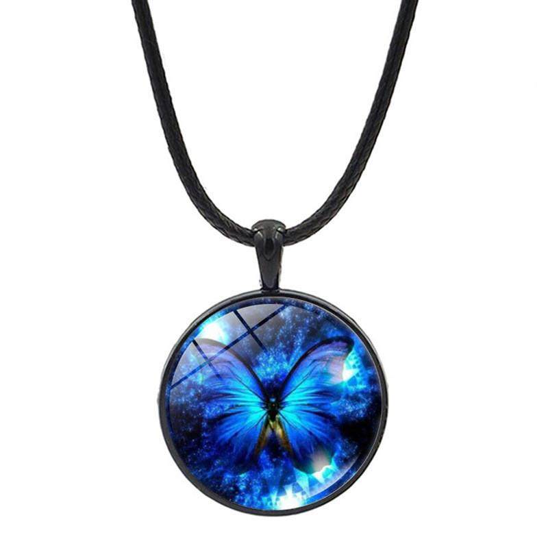 新款蓝色蝴蝶时光宝石吊坠项链男女百搭跨境欧美饰品复古毛衣链饰