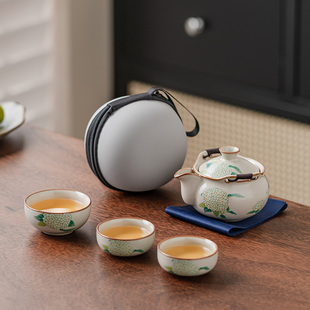 快客杯一壶三杯户外露营防烫泡茶壶 高档汝窑绣球花旅行茶具便携式
